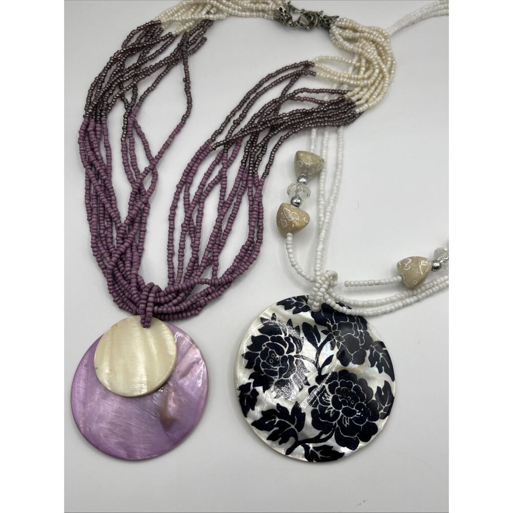Multi Strand Seed Beaded Necklace Lot Mother of Pearl Shell Disc Boho Statement